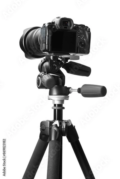 Fototapeta Modern camera with tripod isolated on white. Photographer's equipment
