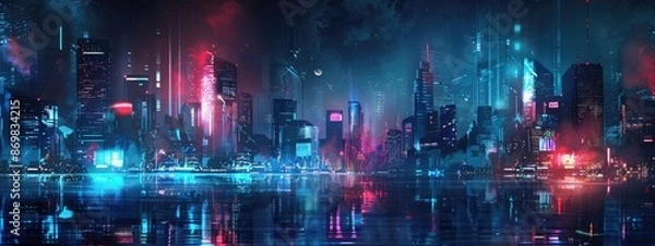 Fototapeta Futuristic urban skyline with bright  colorful lights and tall structures. Premium background for the latest technology needs