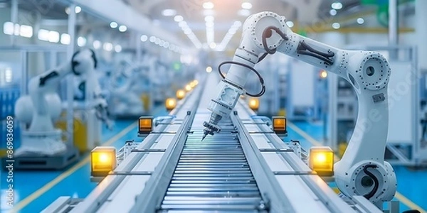 Fototapeta Industrial robots symbolize modernity and represent technological progress. which reflects high efficiency and precision in work Images can be used in presentations about production technology.