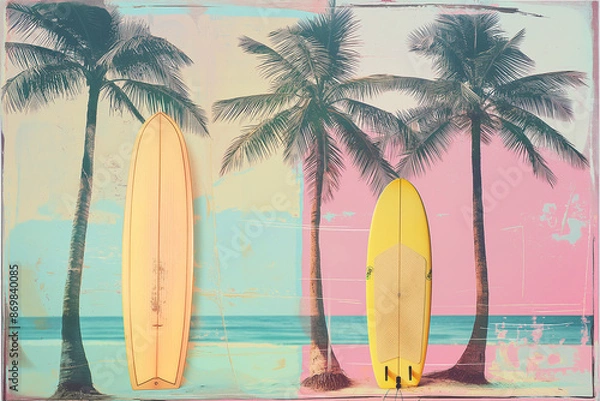 Fototapeta Minimal summer pastel concept, soft colors of tropical background, pastel palm trees, palm leaf and 
 and and surfboards. Exotic summer beach concept. Generative AI.