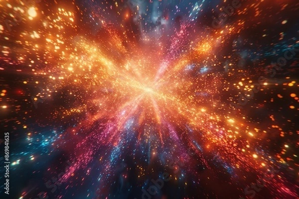 Obraz Vibrant Cosmic Explosion of Colorful Particles in Deep Space: Mesmerizing Interstellar Display of Shimmering Lights and Galactic Energyabstract