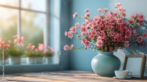 Obraz Beautiful Sunlit Room with Decorative Vase of Pink Flowers on Wooden Table Near Window Overlooking Garden with Soft Focus Backgroundsunlit room