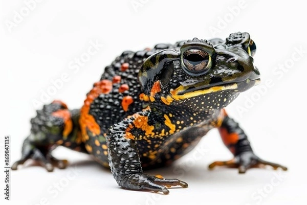 Obraz the beside view Oriental Fire-bellied Toad, left side view, white copy space on right, dutch angle view, isolated on white background