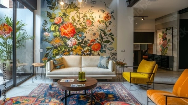 Fototapeta A stylish living room with oily floral patterned wallpaper, combining modern furniture with artistic wall designs
