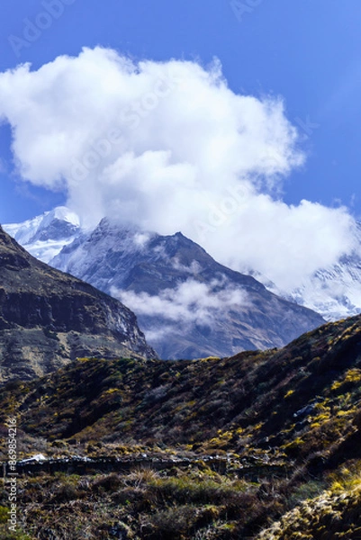 Fototapeta Tharpu Chuli Mountain, Majestic Mountain Views from Machapuchare to Mountain in Nepal, Annapurna Trek Nepal, Annapurna Trek Nepal