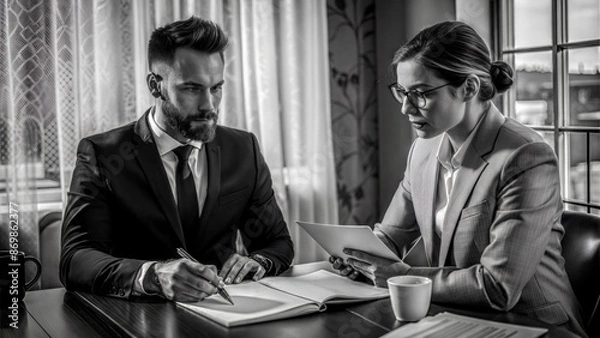 Fototapeta business people meeting, two executives discussing paperwork in office, black and white