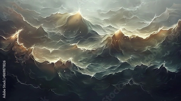 Fototapeta   A digital painting depicting a mountain range under clouds with sunlight piercing both the summit and base