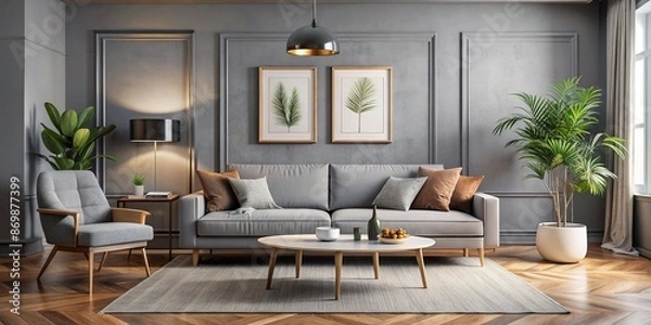 Obraz Modern living room interior with sleek grey sofa, minimalist coffee table, and large framed motivational wall poster surrounded by stylish decorative ornaments.