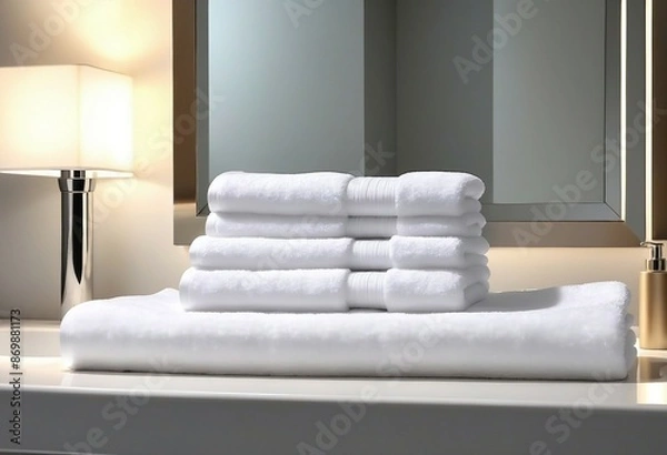 Fototapeta Light white spa towels pile, bath towels lying in a stack on light white peaceful background, at hotel, ad shot, copy space for text, decorative presentation
