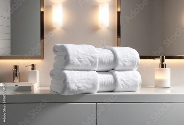 Fototapeta Light white spa towels pile, bath towels lying in a stack on light white peaceful background, at hotel, ad shot, copy space for text, decorative presentation
