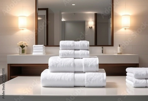 Obraz Light white spa towels pile, bath towels lying in a stack on light white peaceful background, at hotel, ad shot, copy space for text, decorative presentation
