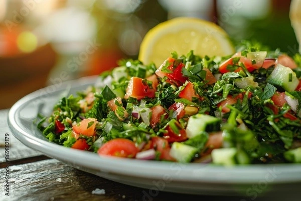 Fototapeta In a white dish, Turkish Coban salata, also known as Shepherd's salad.