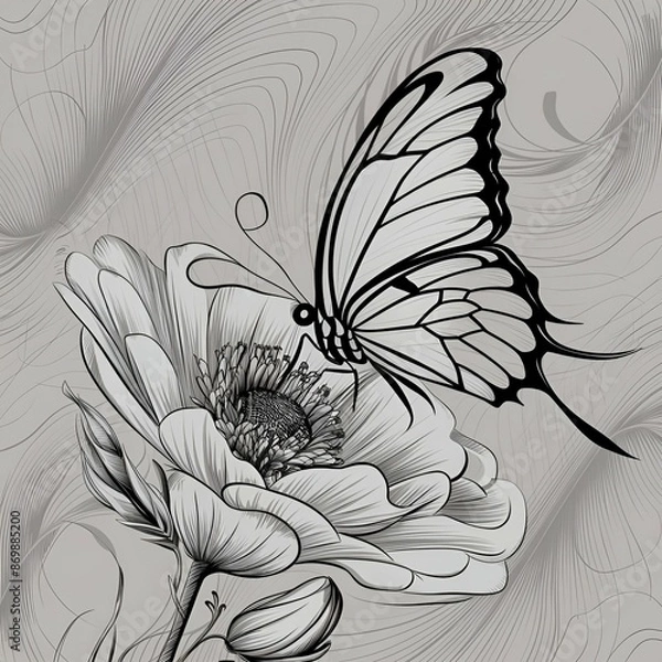 Obraz A stunning black and white line art illustration of a beautiful butterfly, delicately perched on a blooming white flower. The butterfly's wings are intricatel designed with a delicate balance of fine 