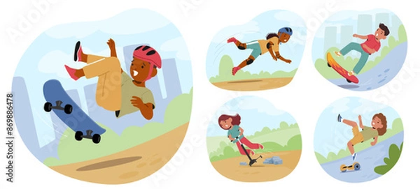 Fototapeta Set Of Children Falling During Various Outdoor Activities Such As Skateboarding, Scootering, And Using Hoverboards
