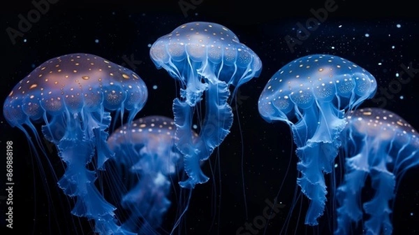 Fototapeta Jellyfish with neon glow light effect in aquarium, ibioluminescent jellyfish
