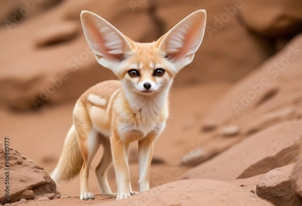 Fototapeta A small orange cute lovely fennec with large pointed ears standing on a rocky ground, looking alert and curious
