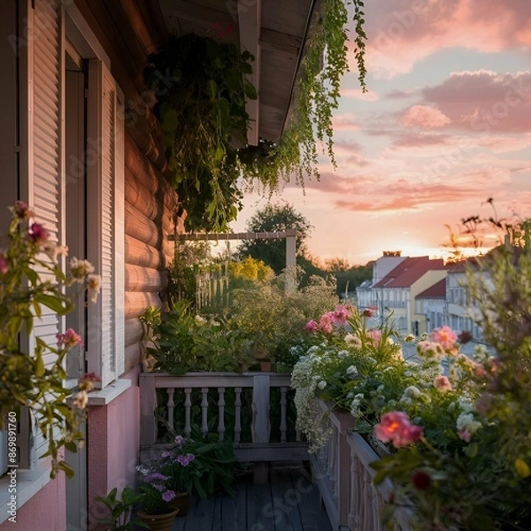 Obraz A serene and picturesque image of a balcony scene. The wooden balcony is adorned with lush green plants and vibrant flowers, creating a sense of tranquility. 