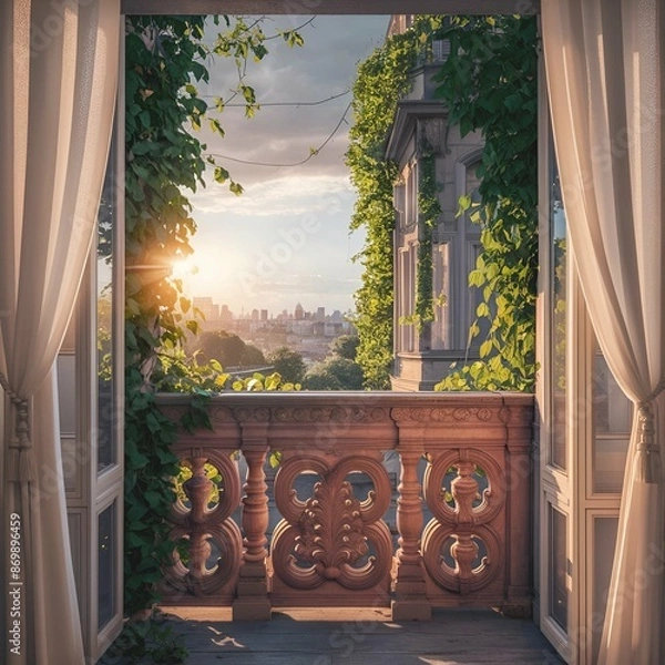 Obraz A captivating photograph of an elegant balcony scene during golden hour. The sun casts a warm, golden light over the intricately carve wooden railing and the lush green vines that climb up the balcony