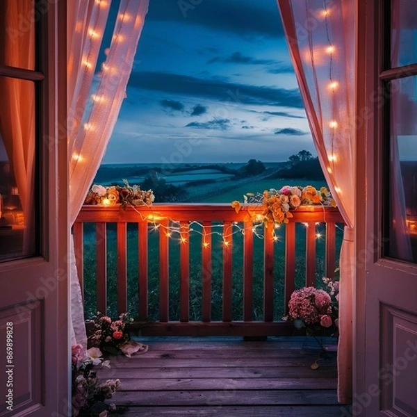 Obraz A beautiful photograph of a romantic balcony scene, overlooking a stunning countryside view. The wooden balcony is adorned with flowers and fairy lights, while a gentle breeze rustles the curtains.