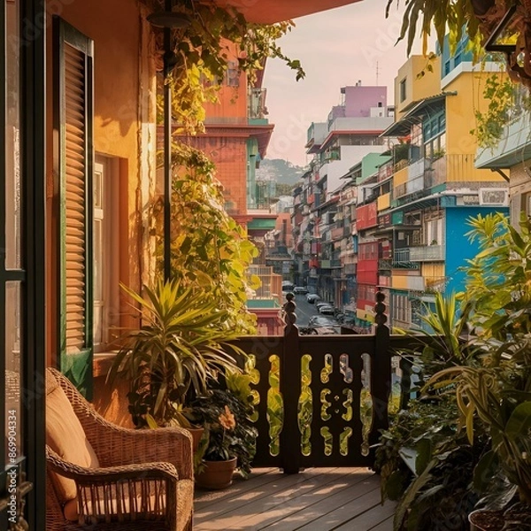 Obraz A stunning photograph of a balcony, overlooking a vibrant cityscape filled with colorful buildings and bustling streets. The balcony itself is adorned with lush green plant.
