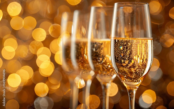 Fototapeta Three champagne glasses filled with bubbly champagne, set against a backdrop of shimmering golden bokeh lights