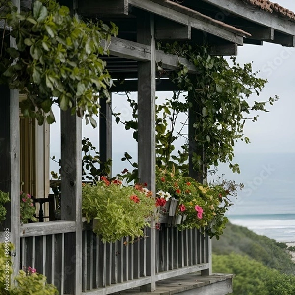 Obraz A scenic photograph of a charming balcony adorned with lush green plants and vibrant flowers. The wooden railing and beams haveaged gracefully, adding a touch of rustic charm to the image.