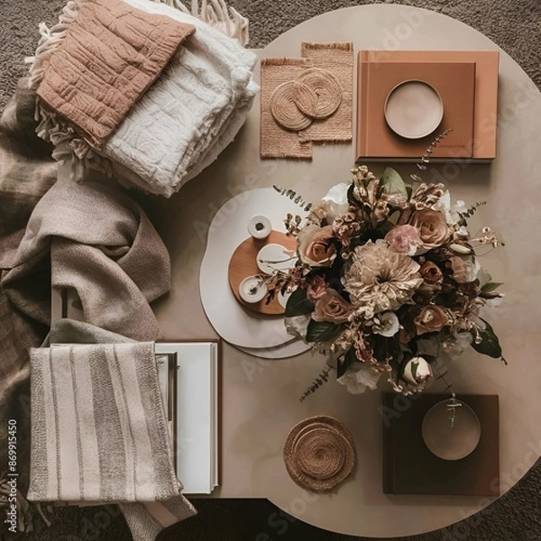Obraz A stunning photograph of a beautifully decorated coffee table, showcasing an artful arrangement of items. The table features a cozy throw blanket, a glossy coffee table book, a set of stylish coasters