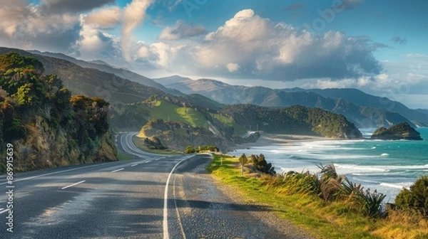 Fototapeta A scenic coastal road with dramatic cliffs and ocean views