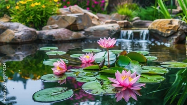 Fototapeta A serene and peaceful garden pond with lilies, symbolizing tranquility and happiness