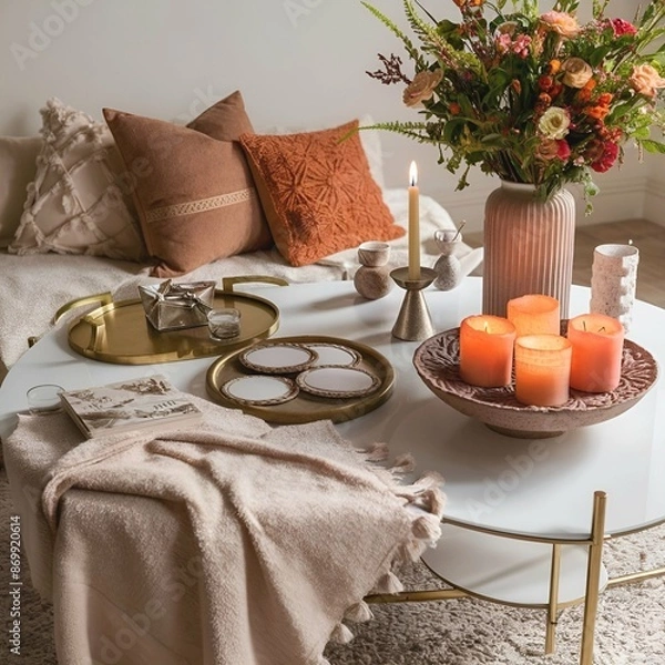 Obraz A stunning photo of an elegantly decorated coffee table. The table is adorned with an array of items that create a cozy and invitingatmosphere. A soft, plush throw blanket is draped across the table,.