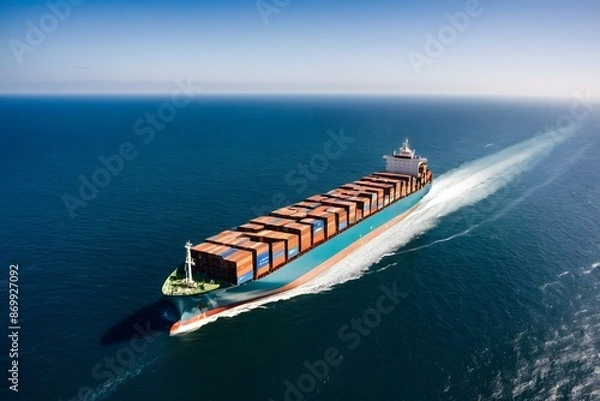 Obraz Aerial top view of cargo container business ship, global express in the ocean, logistic freight shipping and transportation, container cargo maritime ship