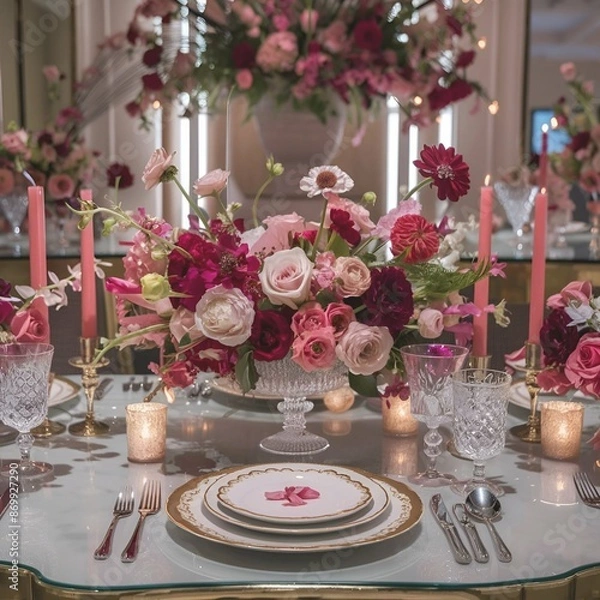 Obraz An exquisite photo of a beautifully decorated table, set for a luxurious dining experience. The table is adorned with a vibrant floral centerpiece, featuring an array of fresh flowers in various shade