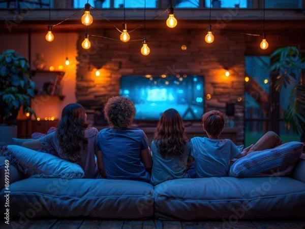 Fototapeta Back view of a family watching TV together in a cozy room