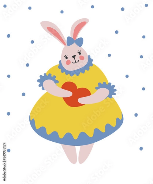 Fototapeta Cute bunny holding a heart in his paws. Delicate illustration on a white background with polka dots. Vector