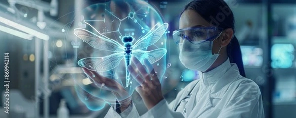 Fototapeta Scientist in laboratory studying a digital hologram of a dragonfly