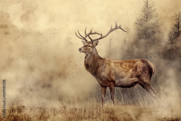 Obraz watercolor painting of deer in the forest