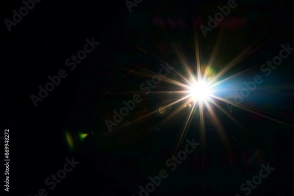 Fototapeta Lens flare effects for overlay designs. Abstract sun burst, digital flare, light lens decoration flash. Blank background