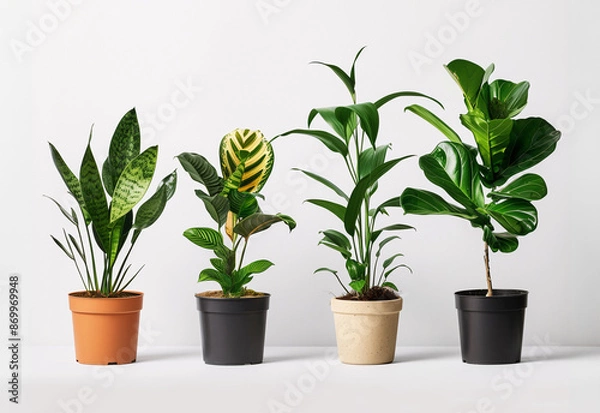 Fototapeta Various potted houseplants in different pots on a white background.