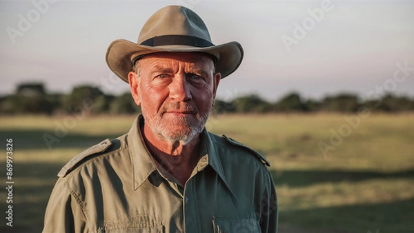 Fototapeta portrait of male caucasian safari guide in an african national park, wildlife and fauna preservation