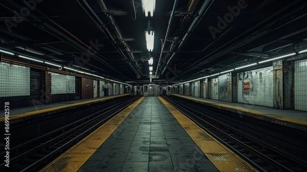 Fototapeta A deserted subway station, with clean platforms and empty tracks