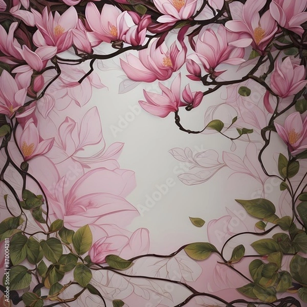Fototapeta An elegant illustration featuring a delicate pattern of pink magnolia flowers with dark maroon vines and leaves arranged around the borders of a soft, gradient background