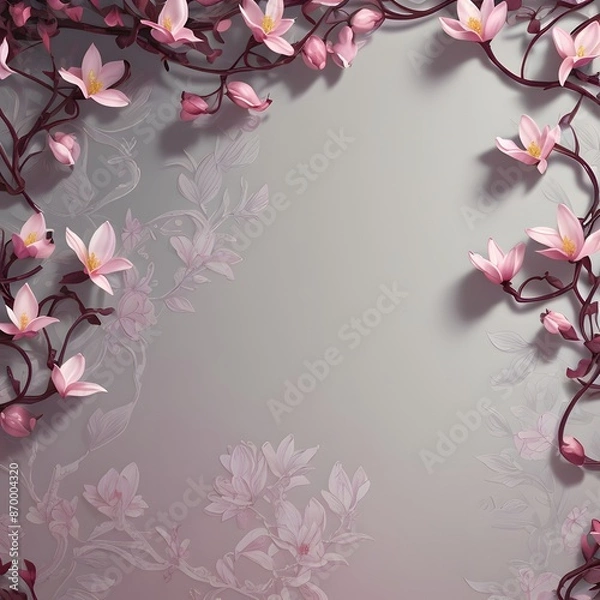 Fototapeta An elegant illustration featuring a delicate pattern of pink magnolia flowers with dark maroon vines and leaves arranged around the borders of a soft, gradient background