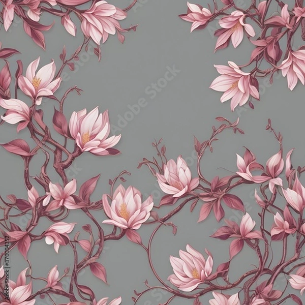 Fototapeta An elegant illustration featuring a delicate pattern of pink magnolia flowers with dark maroon vines and leaves arranged around the borders of a soft, gradient background