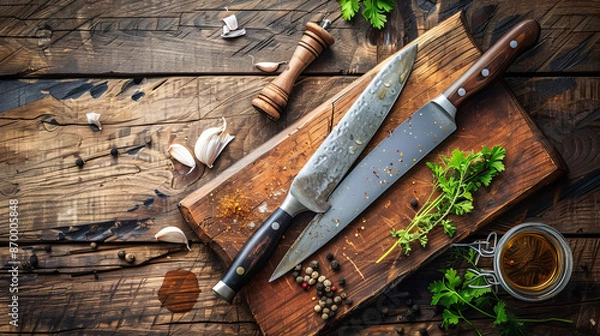 Obraz "A sharpening steel and a kitchen knife placed on a wooden cutting board."

