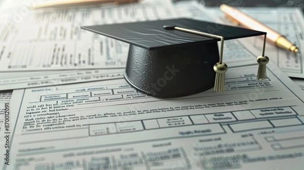 Fototapeta A black cap with gold tassels sits on top of a stack of papers. The papers are filled with numbers and letters, and the cap seems to be a symbol of education or achievement