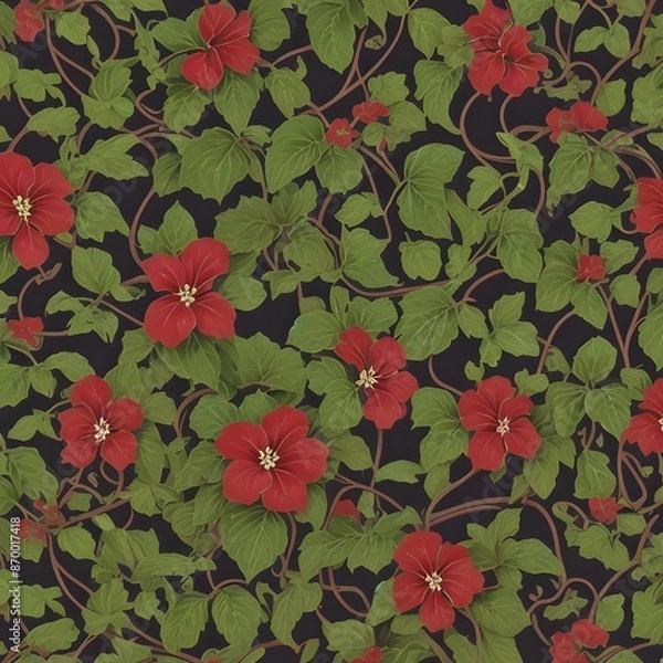 Fototapeta A vibrant illustration featuring a dense pattern of red hibiscus flowers intertwined with lush green leaves against a dark background.