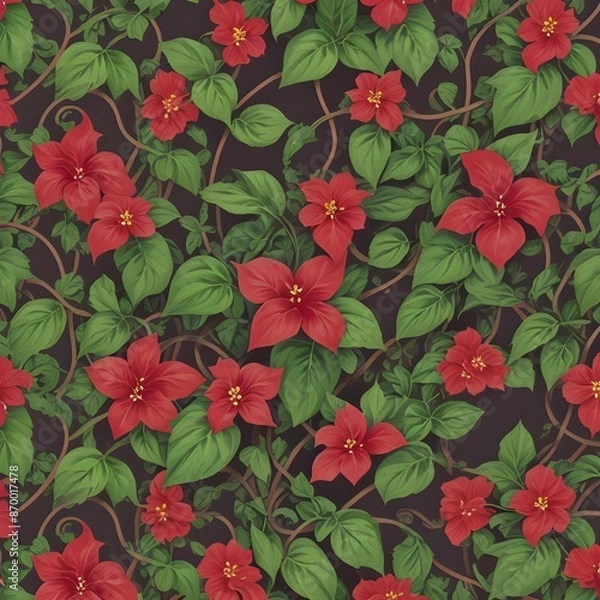 Fototapeta A vibrant illustration featuring a dense pattern of red hibiscus flowers intertwined with lush green leaves against a dark background.