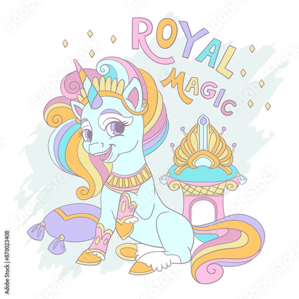 Fototapeta Greeting card with cute unicorn queen and lettering vector