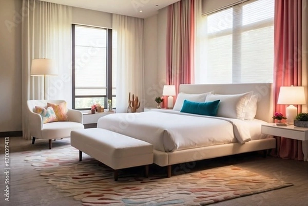 Fototapeta Boutique Chic: An image of a bed in a hotel room.