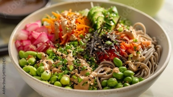 Fototapeta An indulgent power bowl featuring buckwheat noodles edamame and a creamy peanut sauce sure to satisfy your lunch cravings.